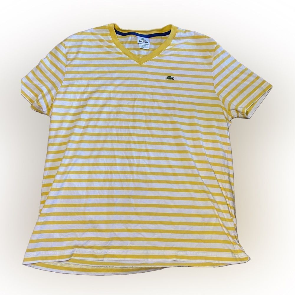 Lacoste Yellow and White Striped Short Sleeve V-Neck Tee